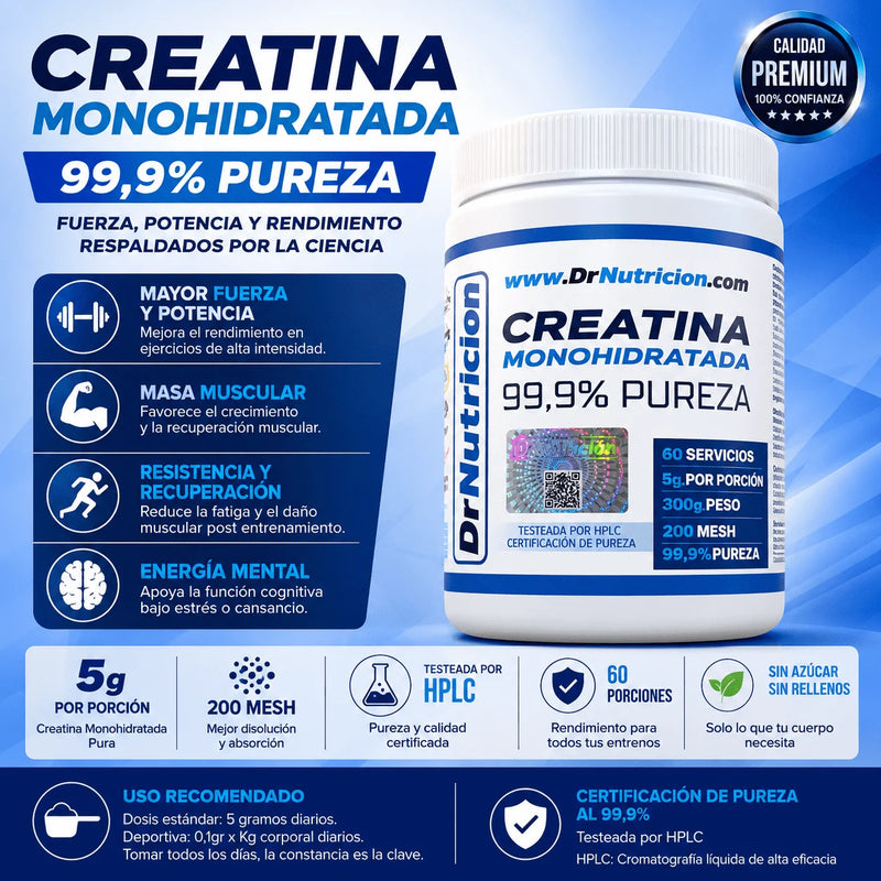 Creatina Monohidratada Premium® 300 g 99,9% Pureza • 200 Mesh • Testeada por HPLC