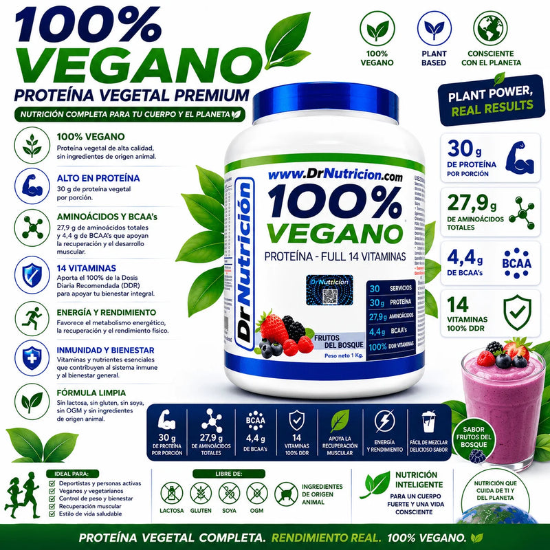 100% Vegano Proteína Vegetal con 14 Vitaminas