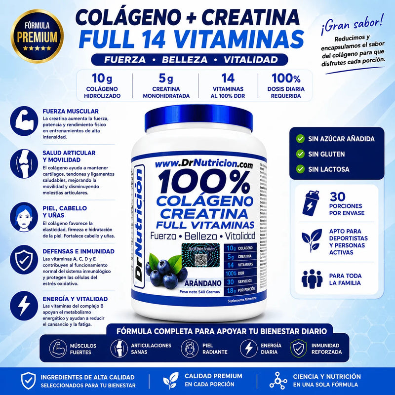 Colágeno + Creatina + 14 Vitaminas Premium® Fuerza, Belleza y Vitalidad con un Sabor que Sorprende 10 g de Colágeno • 5 g de Creatina • 14 Vitaminas al 100% DDR