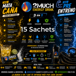 2Much® Energy Drink Efervescente 15 Sachets | 180 mg Cafeína + 500 mg Taurina + Electrolitos Sin Azúcar